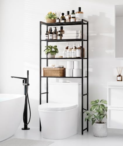 4-Tier Over The Toilet Storage Rack, Bathroom Organizer with One-Piece Metal Mesh Shelves, Over Toilet Shelf with Adjustable Feet & Anti-Tip Kit, Space-Saving Bathroom Storage, Black