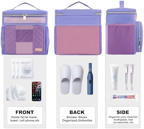 Portable Shower Caddy College Dorm Essentials (Full Size Bottle Compatible), Toiletry Bag for Women Men, Hanging Makeup Organizer Bag for Travel,Gym & Camping,Purple