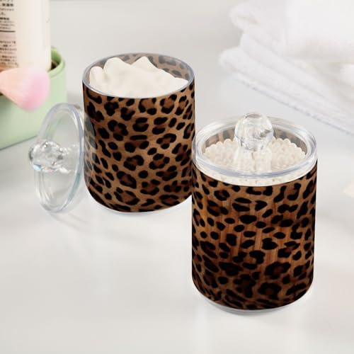 2 Pack Apothecary Jars Bathroom Leopard Print Qtip Holder Dispenser Clear Plastic Storage Canister Jar with Lid for Cotton Ball, Cotton Swab