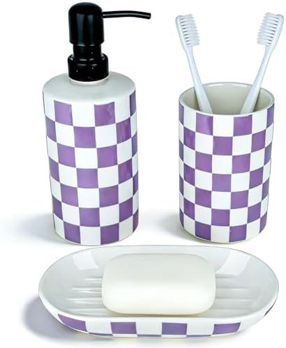 Bathroom Toothbrush Holder Set, Ceramic Soap Dispenser and Tooth Brush Holder& Soap Dish Set 3Pcs, Bathroom Accessories Sets Countertop, Purple Lavender Checkered Bathroom Decor