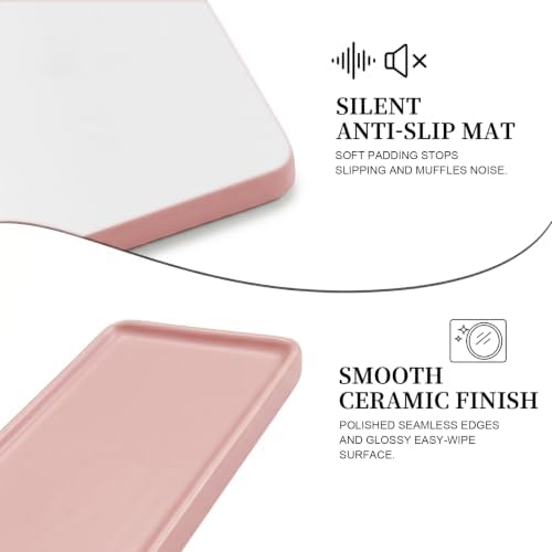 8″ x 3.7″ Ceramic Vanity Tray, Decorative Rectangular Organizer for Bathroom Countertop, Dresser Top, Kitchen & Bathtub, for Soap, Perfume, Candle, Jewelry & Cosmetics (Pink)