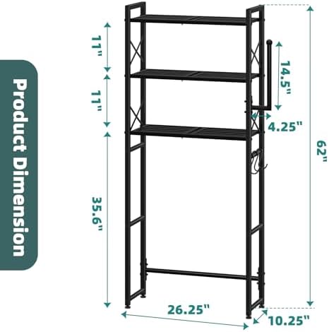 Simple Trending Over The Toilet Storage Rack with Toilet Paper Holder, Heavy Duty Metal 3 Tier Bathroom Organizer Shelf with 3 Hooks,Black