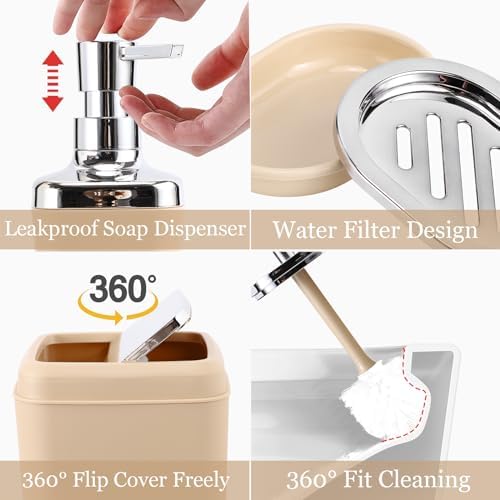 XLHOMO Beige Bathroom Set, Plastic 9-Piece Bathroom Set with Trash Can, Soap Dispenser, Toothbrush Holder, Toothbrush Cup, Soap Dish, Toilet Brush, Tray and Q-tip Holders for Bathroom/Housewarming