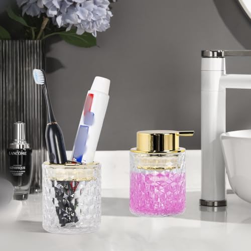 Bathroom Accessories Set 2pcs Glass Foaming Soap Dispenser and Toothbrush Holder for Bathroom Countertop, Clear Glass Bathroom Assessory Set with Gold Decor