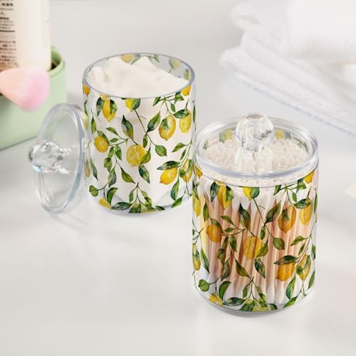 ALAZA 2pcs Watercolor Lemon Leaf Qtip Holder Dispenser 14 oz Bathroom Storage Clear Apothecary Jars Containers Cotton Ball,Cotton Rounds,Floss Picks, Hair Clips, Food