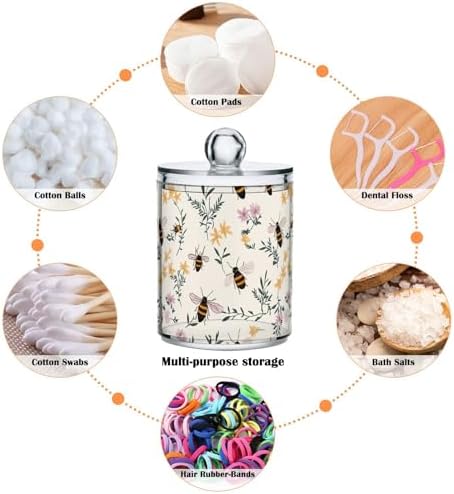 ALAZA 2 Pack Qtip Holder Vintage Honeybees Flowers, Cotton Swab Dispenser with Lid Bathroom Containers Canister Organizer Storage Jar
