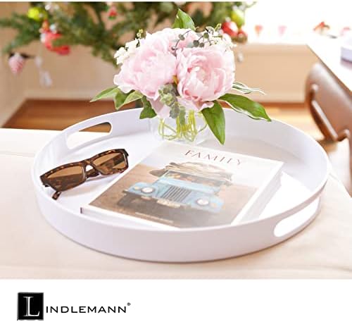 White Serving Tray Large Melamine Platter Round Breakfast Trays with Handles for Coffee Table Ottoman Living Room Home Décor Holiday Celebration & Party (17")