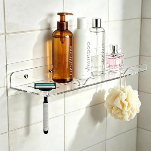 Corner Shower Caddy Shelf Rack 2 Tier Adhesive Shower Organizer Essentials - No Drilling Acrylic Bathroom Storage Rack with Hooks No Drilling Shelves (12"x4" 2 Tier Clear)