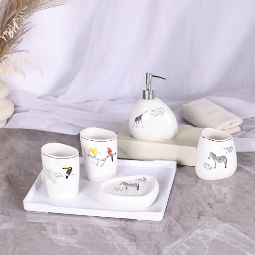 White Bathroom Accessories Set,Modern Countertop Bathroom Decor,Luxury 6 Piece Bathroom Accessory Set,Complete with Soap Dispenser,Toothbrush Holder,Tumbler,Tray