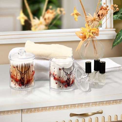 MNSRUU 4 Pack Qtip Holder Organizer Dispenser Deer Butterflies Pink Bathroom Storage Canister Cotton Ball Holder Bathroom Containers for Cotton Swabs/Pads/Floss