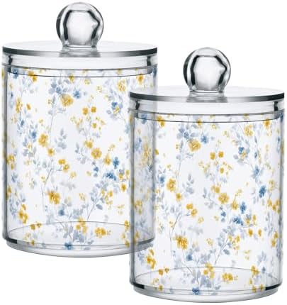 Blue and Yellow Floral Qtip Holder Apothecary Jars Bathroom Storage Floss Makeup Organizer for Cotton Ball Swab Acrylic 2 Packs