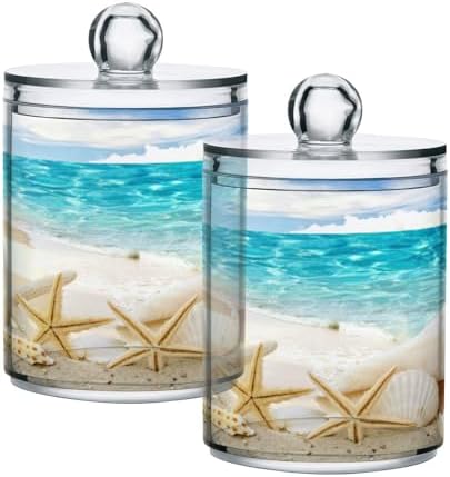 2 Pack Sea Beach Starfish Qtip Holder Dispenser with Lid, 14 oz Clear Plastic Apothecary Jar Set for Bathroom Vanity Organizers Storage Containers