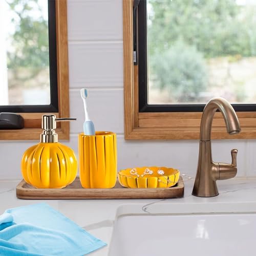 Fall Bathroom Accessories Set of 3, Thanksgiving Pumpkin Bathroom Decor, Ceramic Bathroom Sets Complete -Toothbrush Holders, Soap Dispenser, Soap Dish, Bathroom Organizer for Countertop