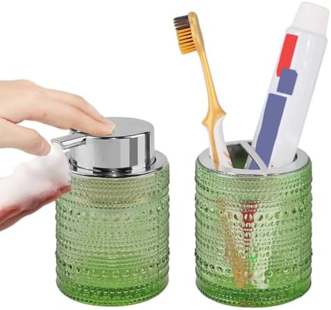 Green Bathroom Accessory Set, Glass Toothbrush Holder and Soap Dispenser Set, Foaming Soap Dispenser, Toothbrush and Toothpaste Holder, Bathroom Tumbler Cup for Countertop Decor