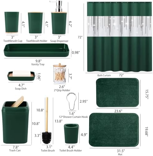 XLHOMO Dark Green Bathroom Sets with Shower Curtain and Rugs,Bathroom Sets Shower Curtain Set with Extra Soft and Absorbent Bathroom Rugs Green Bathroom Accessories
