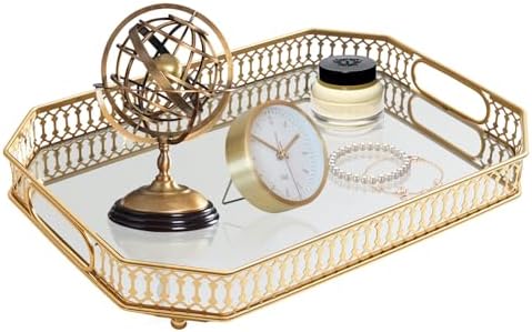 Vintage Gold Mirrored Vanity Mirror Tray Decorative Perfume and Makeup Organizer with Handles for Dresser,Bathroom or Jewelry Display, Decor Home Large Size (Large)