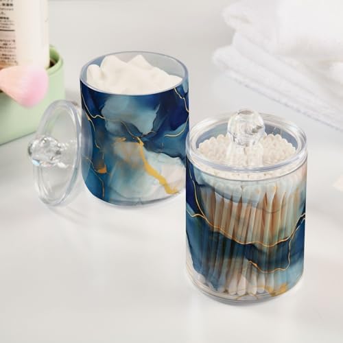 2 Pack Qtip Holder Dispenser with Lids, Watercolor Blue Gold Marble Plastic Storage Containers,Bathroom Canisters Organizer for Cotton Ball, Cottons Swab, Cotton Round Pads, Floss 21215195