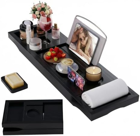 Foldable Bathtub Tray Caddy with Soap Dish Adjustable 29.5-43''Black