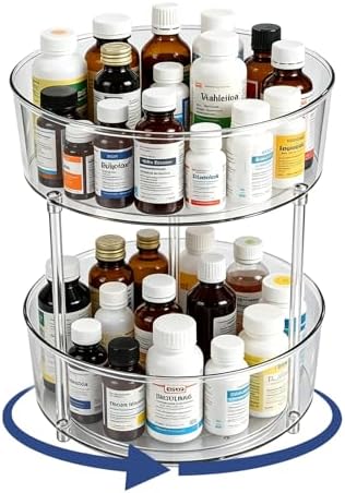 2 Tier Medicine Bottle Organizer, Lazy Susan Organizer for Prescription and Vitamin Bottles, Medicine Cabinet Organizer for Countertop and Bathroom, Transparent Organizer for Empty Pill Bottles