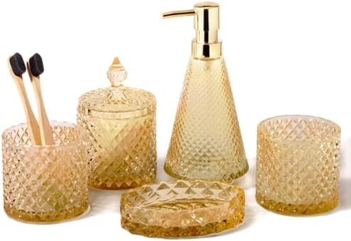 EMPO 5Pcs Diamond Glass Bathroom Accessories Complete Set, Triangle Vintage Lotion Dispenser, Soap Dish, Toothbrush Holder, Tumbler, Cotton Swab Jars, Modern Decor, Housewarming Gift Set (Light Beach)