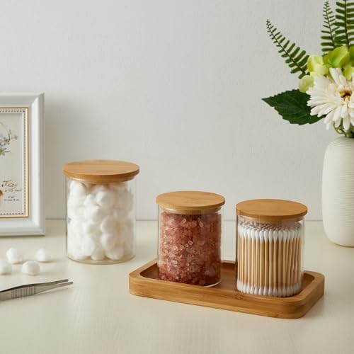 INIUNIK Glass Qtip Holder Dispenser with Bamboo Lid, 3 Pack