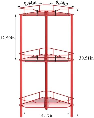 HuggieGems Metal Floor Standing Corner Shower Caddy, Red, 3 Tier