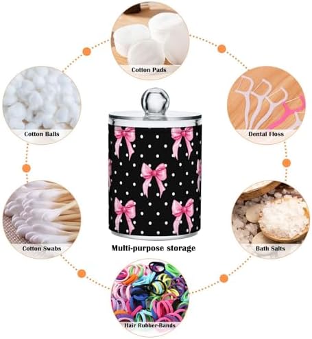 DOMIKING Polka Dot Bow Black 2 Pack Cotton Swab Holder Dispenser Plastic Jar Bathroom Storage Canister Acrylic Containers for Cotton Ball Floss Picks Hair Clips
