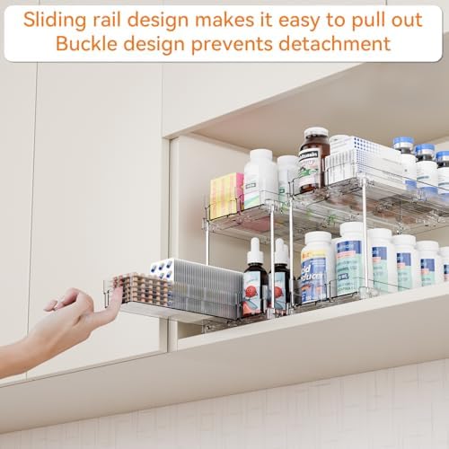 Yieach 2 Tier Sliding Spice Racks for Cabinets,4 Pack 10.4'' Deep Narrow Vertical Spice Rack Pull Out for Inside Cabinets,Kitchen,Pantry,Cupboard Seasoning,Jar Organizer and Medicine Cabinet Storage