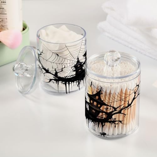 4 Pack Qtip Holder Dispenser with Lids, Halloween Spiderweb House Plastic Storage Containers, Bathroom Canisters Organizer for Cotton Ball, Swab, Round Pads, Floss 21214435