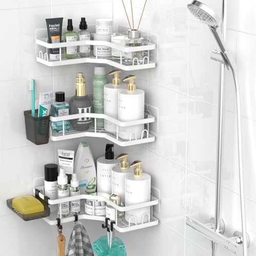 AKTECKE Corner Shower Caddy Bathroom Organizer Adhesive Shower Rack Bathtub Shelves - 3Pack No Drilling Shower Shelf For Inside Shower - Rustproof Bath Tub Organizer Caddy