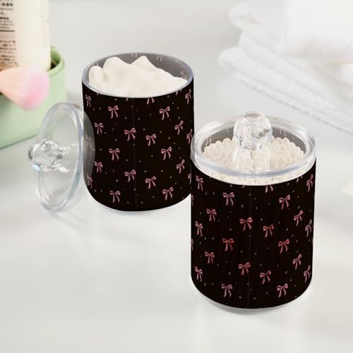 Gredecor 4 Pack Qtip Holder Clear Cute Pink Ribbon Bow Apothecary Jars with Lids Acrylic Bathroom Jars Vanity Countertop Canister Storage Organizer for Cotton Ball,Swabs,Pads,Floss