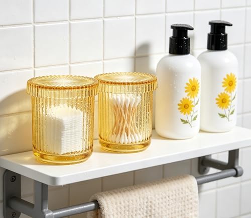 2 Pack Glass Qtip Holder Dispenser Set - Bathroom Organizer for Cotton Swabs, Balls, Pads, Floss Picks - Clear Apothecary Jars for Vanity, Makeup Storage, Bathroom Accessories Decor (Yellow)