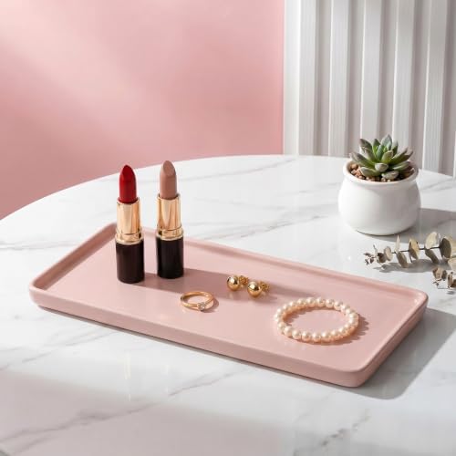 10″ x 3.5″ Ceramic Bathroom Vanity Tray, Rectangular Decorative Countertop Tray for Bathroom Kitchen, Ceramic Organizer Tray for Perfume, Candle, Jewelry, Cosmetics, Soap Dispenser, Pink