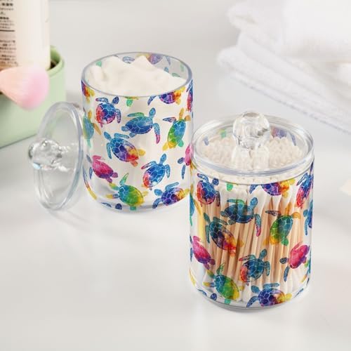 ALAZA 4pcs Multicolor Watercolor Sea Turtle Qtip Holder Dispenser 14 oz Bathroom Storage Clear Apothecary Jars Containers Cotton Ball,Cotton Rounds,Floss Picks, Hair Clips, Food