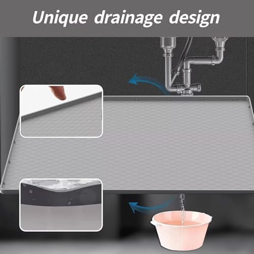 Under Kitchen Sink Mat 31" x 22", SAZTEAY Waterproof Silicone Under Sink Tray, Under Sink Protector Mat for Bathroom and Kitchen Cabinets(Grey)
