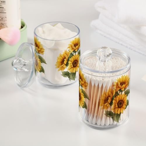 Gredecor Qtip Holder Dispenser 2 Pack Yellow Watercolor Sunflowers Bathroom Decorative Storage Canister Holder Counter Vanity Organizer for Cotton Ball Swabs Pads Floss