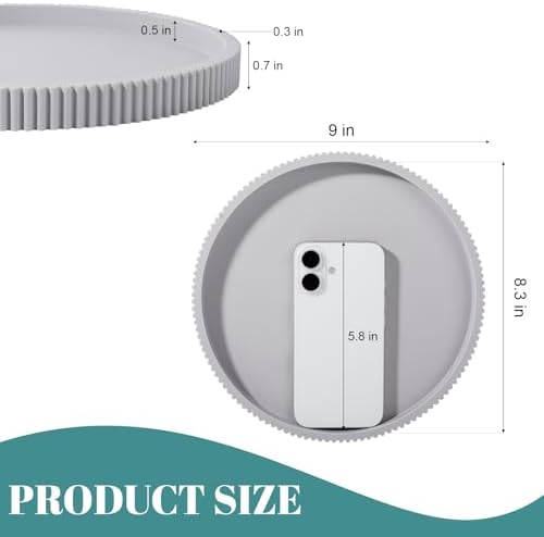 Silicone Bathroom Tray Round Perfume Tray Coffee Table Decor, 9" Light Grey