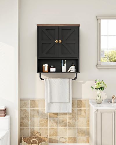CHOEZON Bathroom Wall Cabinet, Medicine Cabinet with Open Partition and Towel Bar, Rustic Storage Cabinet with Open and Hidden Storage Space, for Bathroom, Living Room, Kitchen, Black and Walnut
