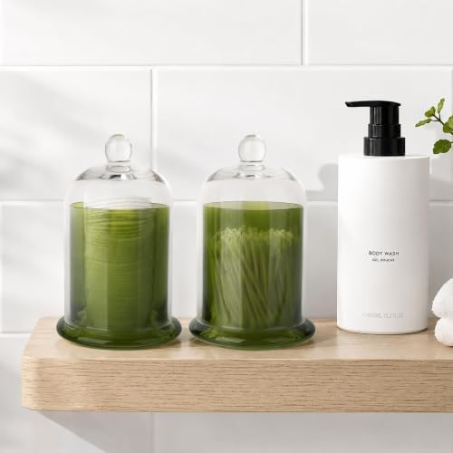 rejomiik Qtip Holder Glass Apothecary Jars with Lids Bathroom Storage Green