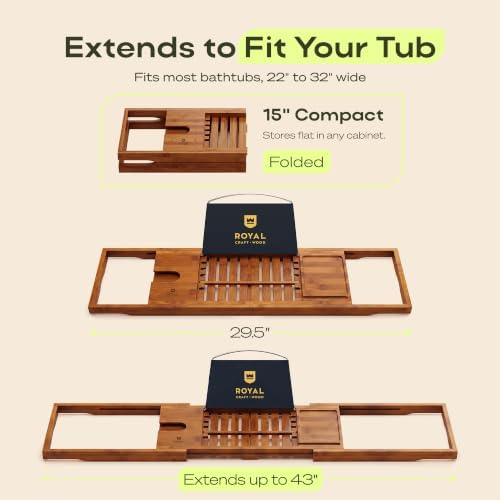 ROYAL CRAFT WOOD Premium Foldable Bathtub Tray Caddy - Wood Bath Tray for Tub, Bamboo Shelf, Expandable Bath Table Trays, Bathtub & Bathroom Accessories for New Home & Mothers, Birthday Gifts for Mom