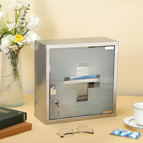 Timgle First Aid Wall Cabinet with Lock Medicine Wall Mounted Bathroom Storage Hanging Medical Cabinet with Safety Glass Door for Bathroom(2 Shelves,Silver)