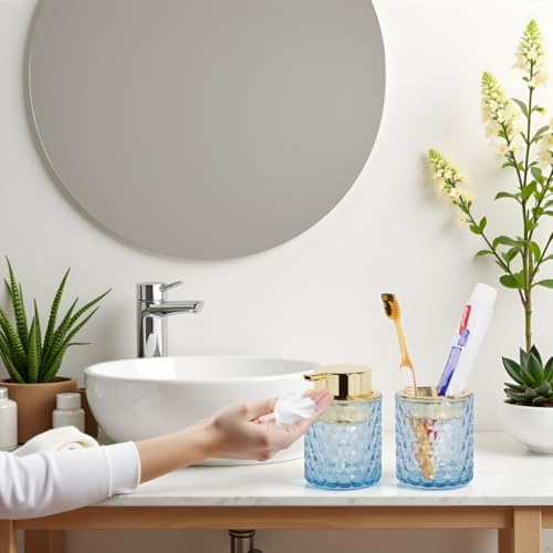 Bathroom Accessories Set 2pcs Glass Foaming Soap Dispenser and Toothbrush Holder for Bathroom Countertop, Blue Glass Bathroom Assessory Set with Gold Decor