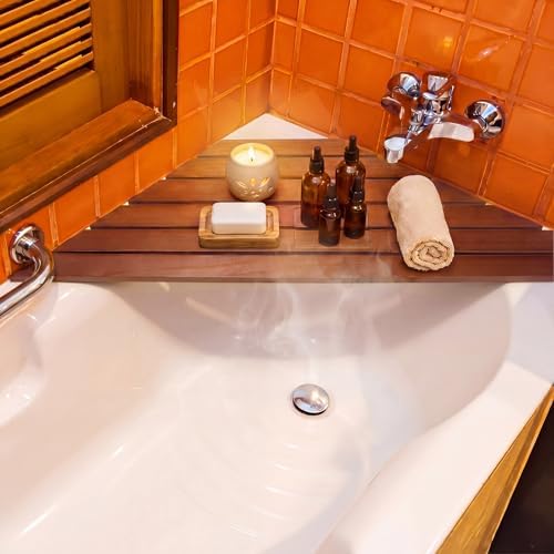 Junkin Corner Bathtub Tray Bamboo Non Slip Bathtub Corner Tray Caddy Farmhouse Bamboo Shelf for New Home House Warming Birthday Wedding Gifts for Couple Bridal Shower Gift for Women