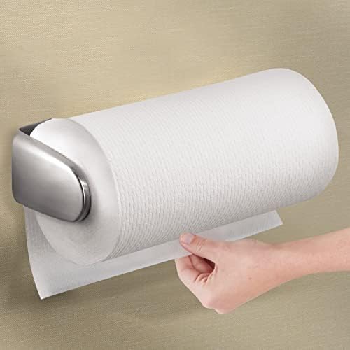 mDesign Metal Wall Mounted Paper Towel Holder Dispenser for Walls or Under Cabinet in Kitchen, Pantry, Cupboard, Sink Storage, Holds Jumbo Rolls - Omni Collection - Brushed Stainless Steel