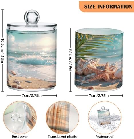 2 Pack Qtip Holder Dispenser Beach Seashell Pattern 10 Oz Bathroom Organizer with Lids Storage Canister for Cotton Ball,Cotton Swab,Cotton Round Pads,Floss
