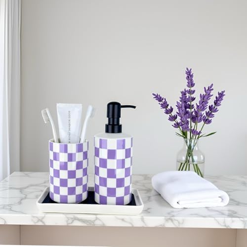 Bathroom Toothbrush Holder Set, Ceramic Soap Dispenser and Tooth Brush Holder Set, Bathroom Accessories Sets Countertop, Lavender Purple Checkered Bathroom Home Decor