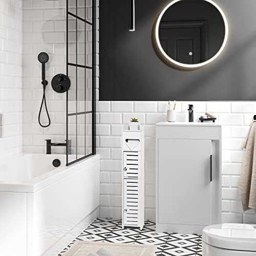 TuoxinEM Storage Cabinet for Small Spaces, Over The Toilet Cabinet for Skinny Bathroom Storage Corner Floor, Slim Paper Holder with 2 Doors & Shelves (White)
