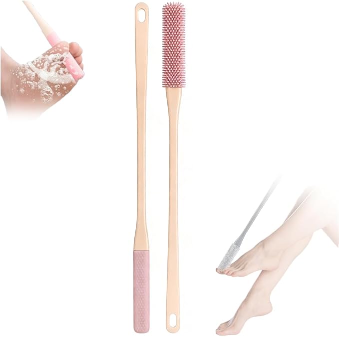 Toe Cleaning Brush, Silicone Toe Gap Cleaner 15.7inch Long Handled Foot Brush for Seniors, Soft Rubber Brush Exfoliating Foot Scrubber for Shower - Seniors, Men and Women (Pink)