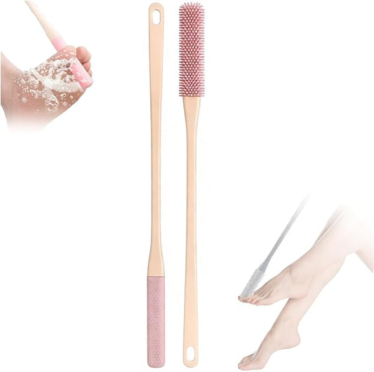Toe Cleaning Brush, Silicone Toe Gap Cleaner 15.7inch Long Handled Foot Brush for Seniors, Soft Rubber Brush Exfoliating Foot Scrubber for Shower - Seniors, Men and Women (Pink)