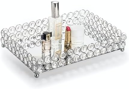 Feyarl Crystal Vanity Makeup Perfume Tray Ornate Jewelry Trinket Organizer Cosmetic Decorative Tray Skin Care Storage for Home Dressing Table Wedding Decoration(Rectangle 12" x 8")